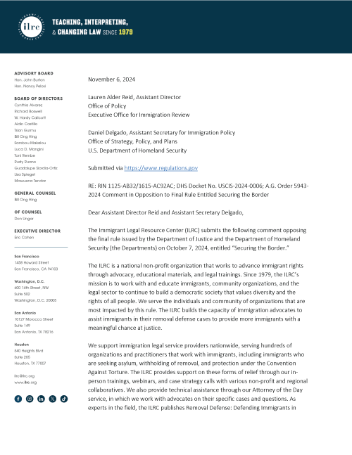 ILRC Comment on Securing the Border Final Rule Immigrant Legal